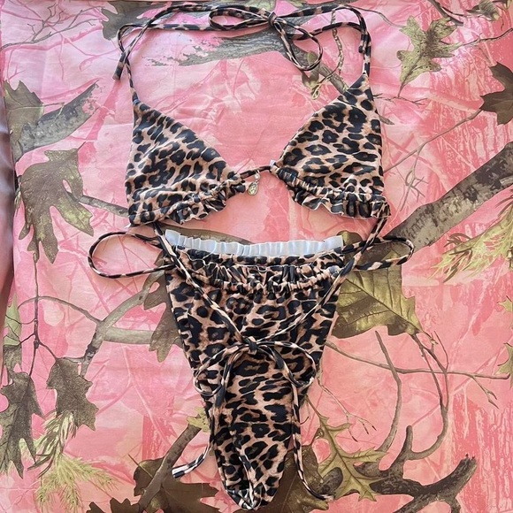 tiger mist cheetah print ruffle gemstone cheeky bikini set
